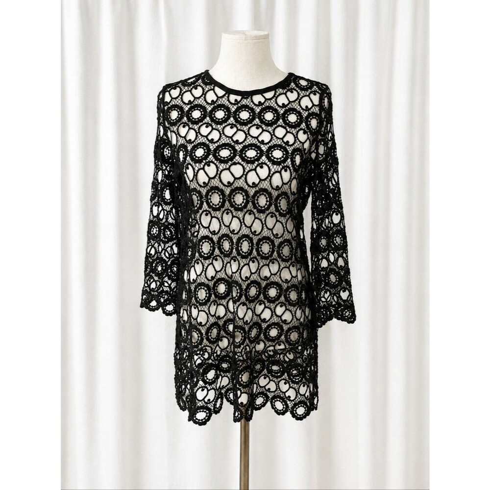 Shana Apparel Black Crochet Cutout Lace Sheer Mesh Overlay Boho Tunic Blouse